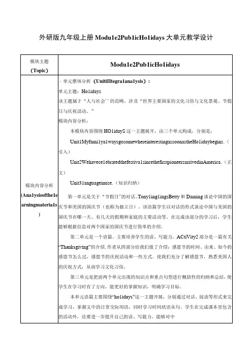 外研版九年级上册Module 2 Public holidays Unit 1单元整体教学设计