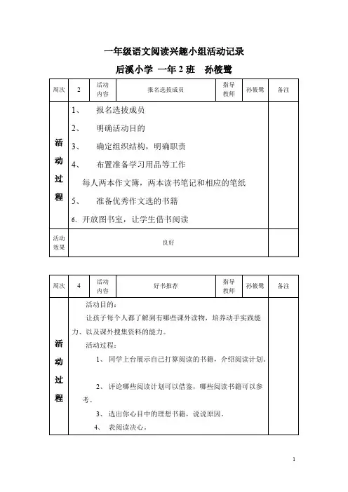 一年级语文阅读兴趣小组记录表