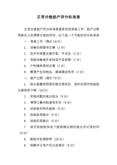 正常分娩助产评分标准表
