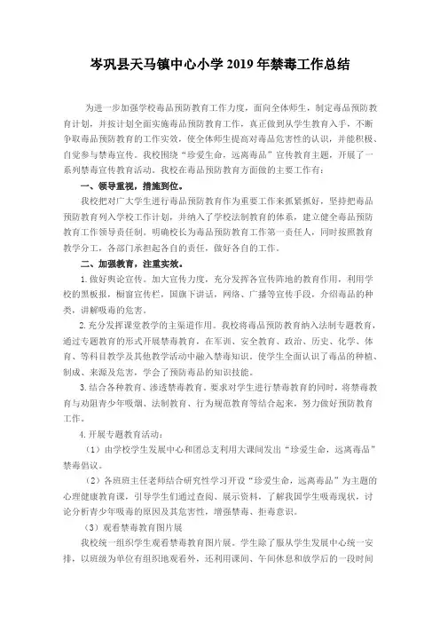 天马镇中心小学2019年禁毒工作总结 
