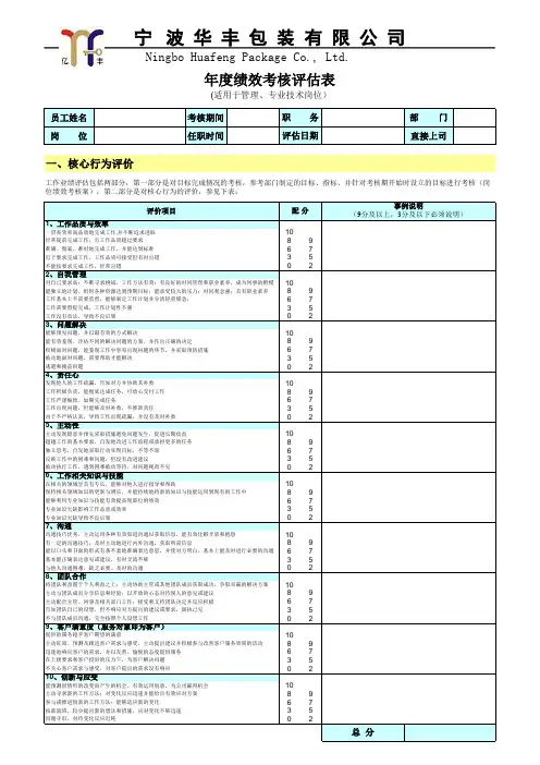 年度绩效考核评估表(管理、专业技术岗位)