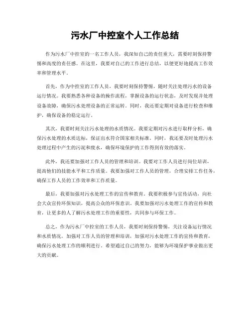污水厂中控室个人工作总结