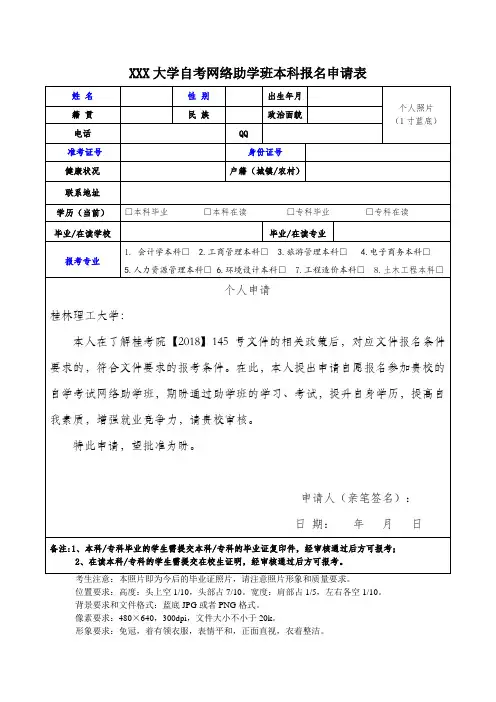 大学自考网络助学班本科报名申请表