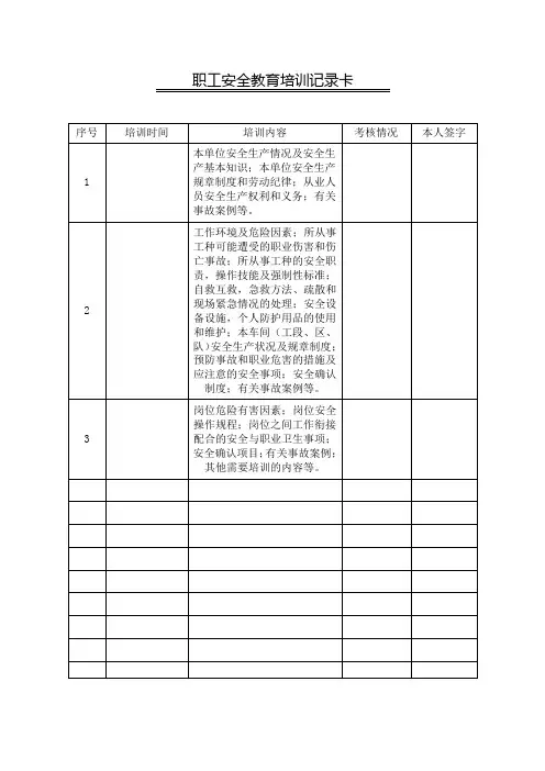 职工安全教育培训记录卡