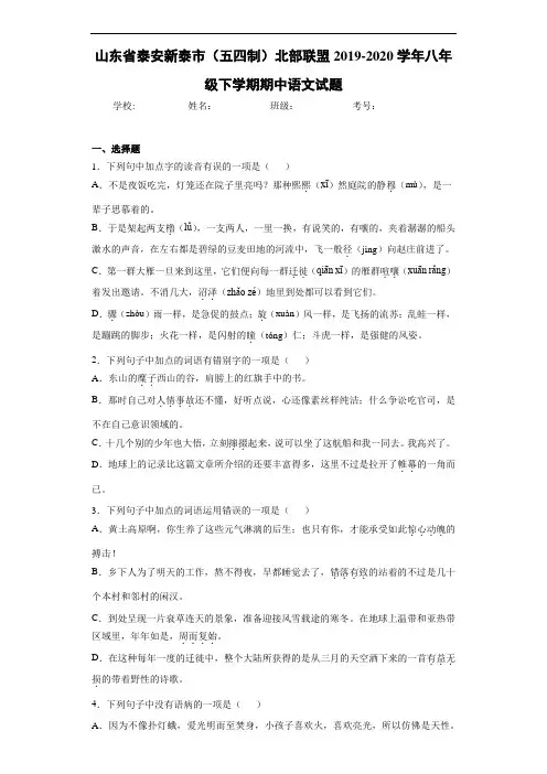 山东省泰安新泰市(五四制)北部联盟2019~2020学年八年级下学期期中语文试题