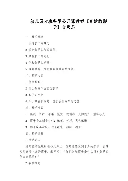 幼儿园大班科学公开课教案《奇妙的影子》含反思