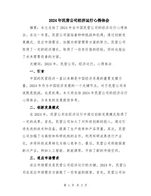 2024年民营公司经济运行心得体会