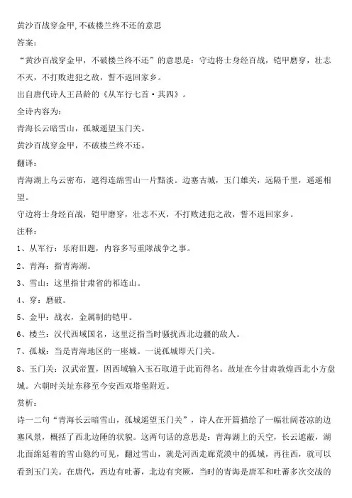 黄沙百战穿金甲,不破楼兰终不还的意思