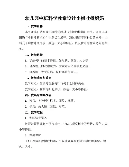 幼儿园中班科学教案设计小树叶找妈妈