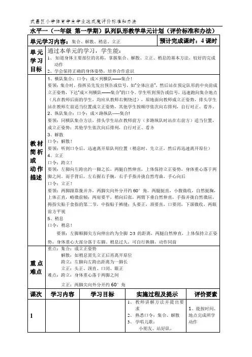 完整word版,水平一(一年级)队列队形单元计划