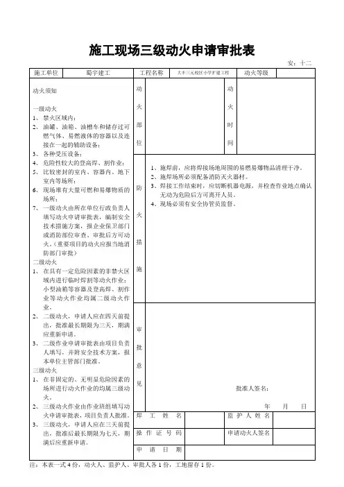 三级动火申请审批表