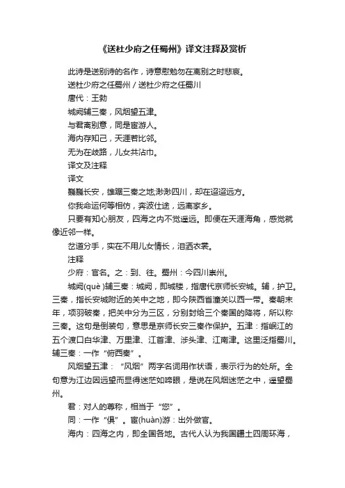 《送杜少府之任蜀州》译文注释及赏析