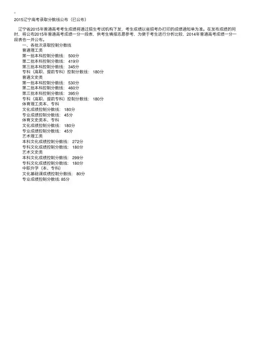 2015辽宁高考录取分数线公布（已公布）