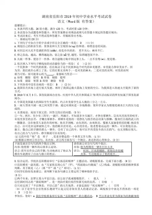 湖南省岳阳市2019年中考语文试题(有答案)
