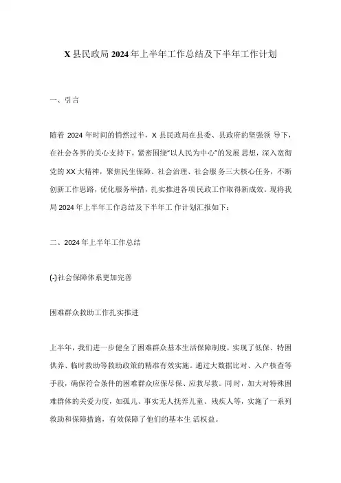 X县民政局2024年上半年工作总结及下半年工作计划.docx