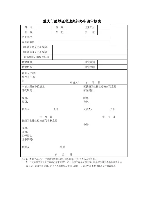 重庆医师证书遗失补办申请审核表