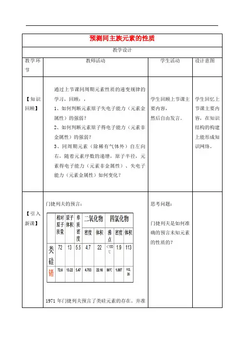 山东潍坊高中化学 1.3 元素周期表的应用预测同主族元