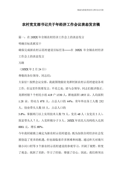 农村党支部书记关于年经济工作会议表态发言稿