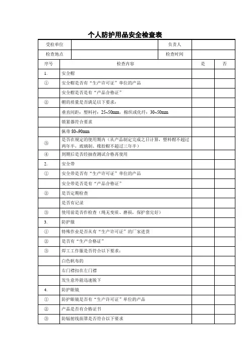 个人防护用品安全检查表