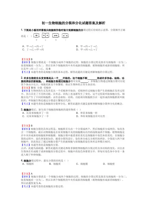 初一生物细胞的分裂和分化试题答案及解析
