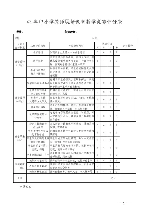 XX中小学学校教师现场课堂教学竞赛评分表