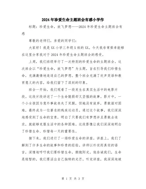 2024年珍爱生命主题班会有感小学作