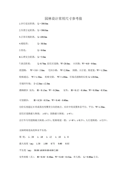 园林设计常用尺寸参考值
