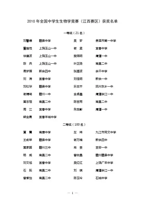 2010年全国中学生生物学竞赛(江西赛区)获奖名单