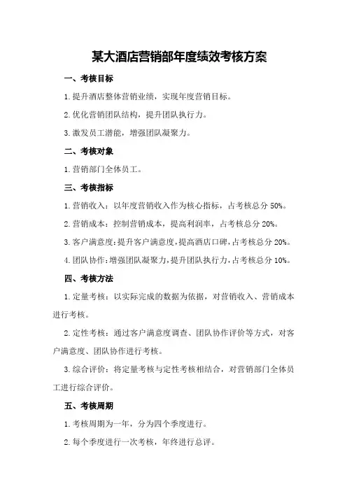 某大酒店营销部年度绩效考核方案