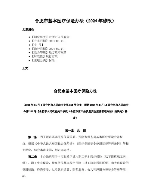 合肥市基本医疗保险办法（2024年修改）