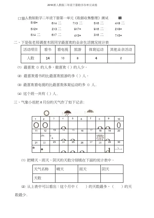 2018新人教版二年级下册数学各单元试卷