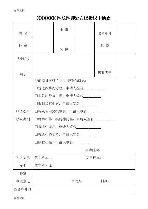 医院医师处方权授权申请表(汇编)