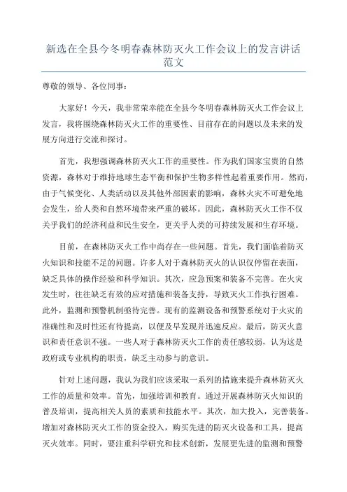 新选在全县今冬明春森林防灭火工作会议上的发言讲话范文