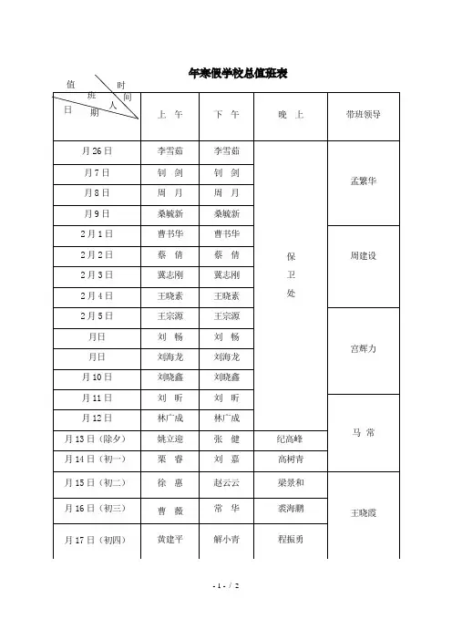 年寒假学校总值班表
