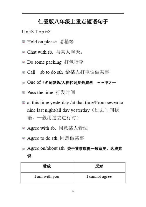 初中英语 仁爱版八年级上Unit3 Topic 3重点短语句子