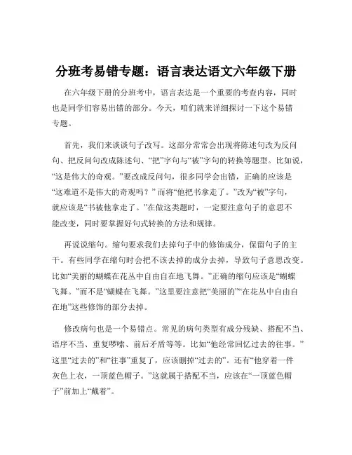 分班考易错专题：语言表达语文六年级下册