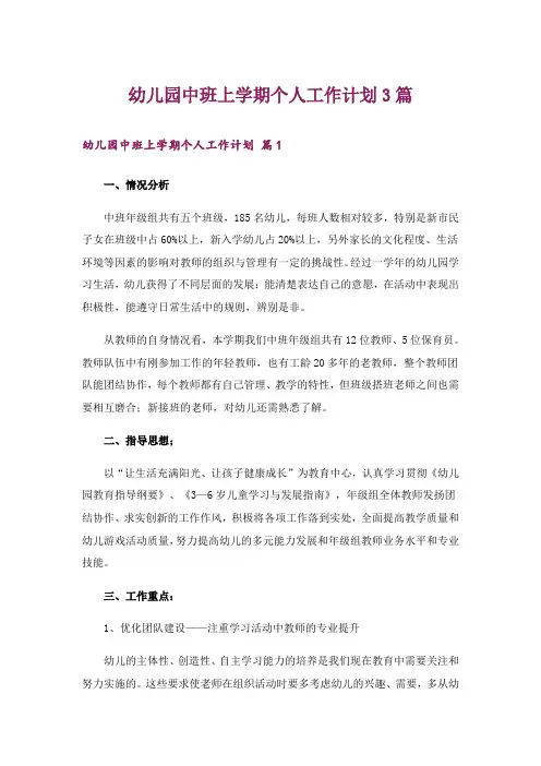 幼儿园中班上学期个人工作计划3篇