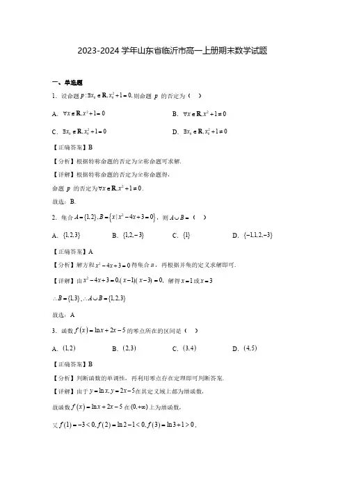 2023-2024学年山东省临沂市高一上册期末数学试题(含解析)