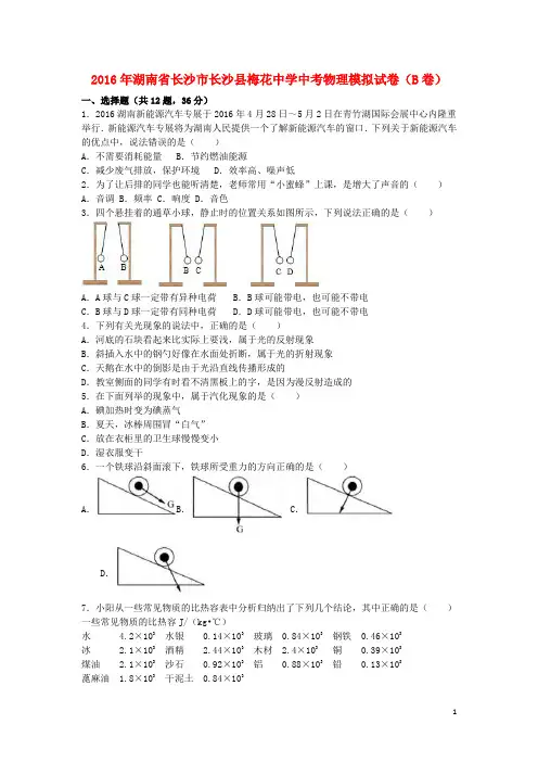 湖南省长沙市长沙县梅花中学2016届中考物理模拟试卷(B卷,含解析)