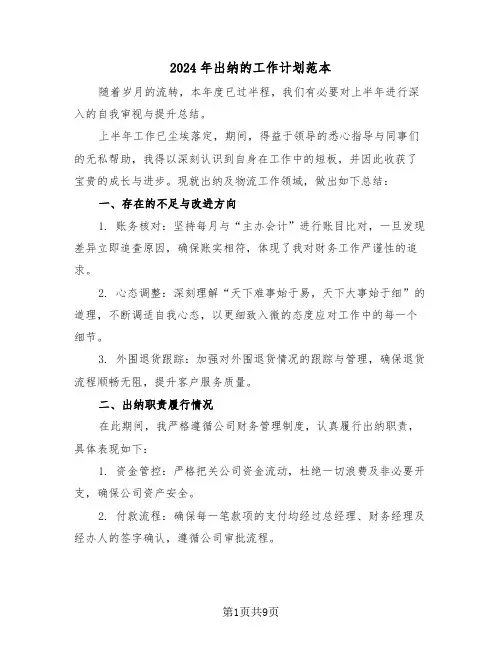 2024年出纳的工作计划范本（五篇）