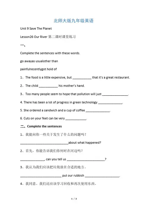unit 9 save the pla lesson 26 our river 2(练习)-2017届九年级英语全册