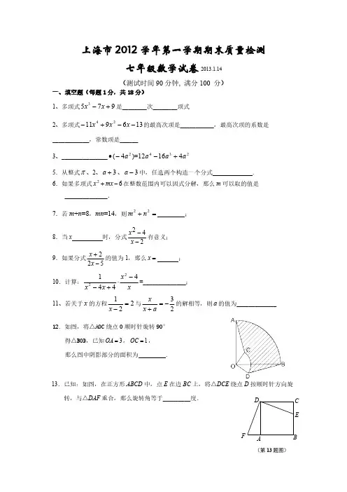 上海市第一学期期末质量检测 七年级数学试卷