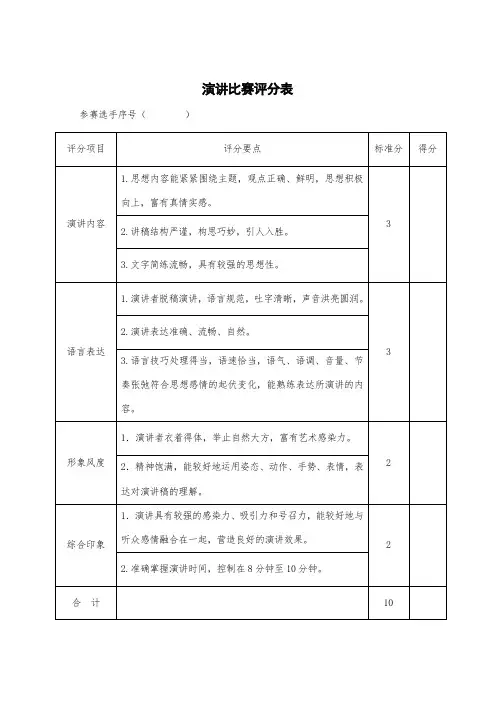 演讲比赛评分表计分表