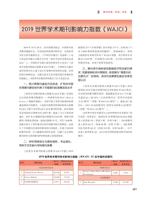 2019世界学术期刊影响力指数(WAJCI)