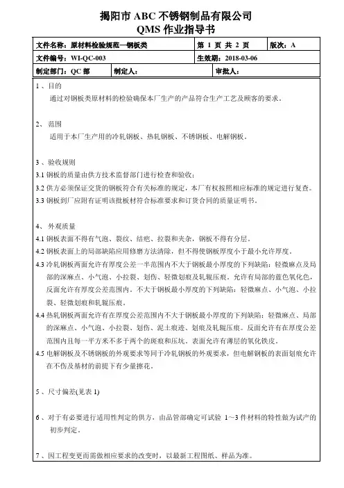 不锈钢制品质量作业指导书：03钢板来料检验规范(SIP)(2页)