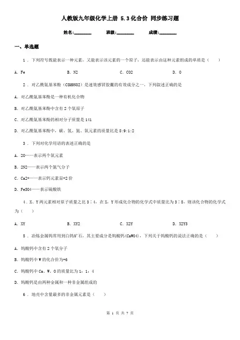 人教版九年级化学上册-5.3化合价-同步练习题
