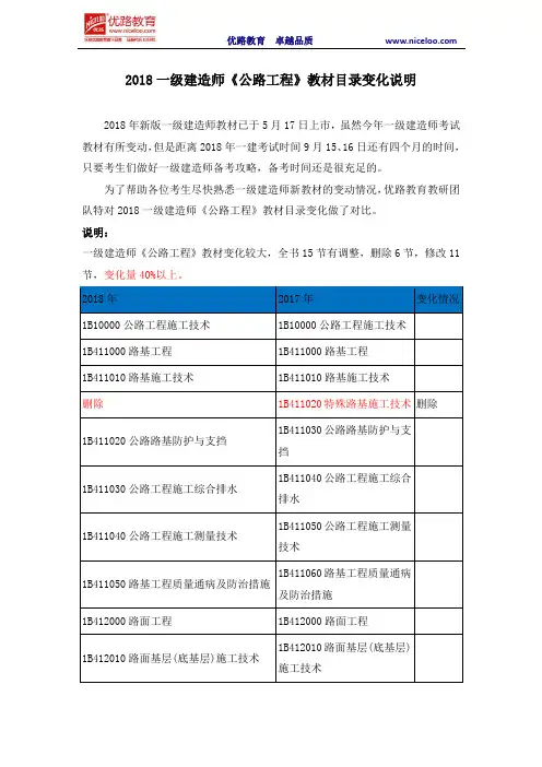 2018一级建造师《公路工程》教材目录变化说明