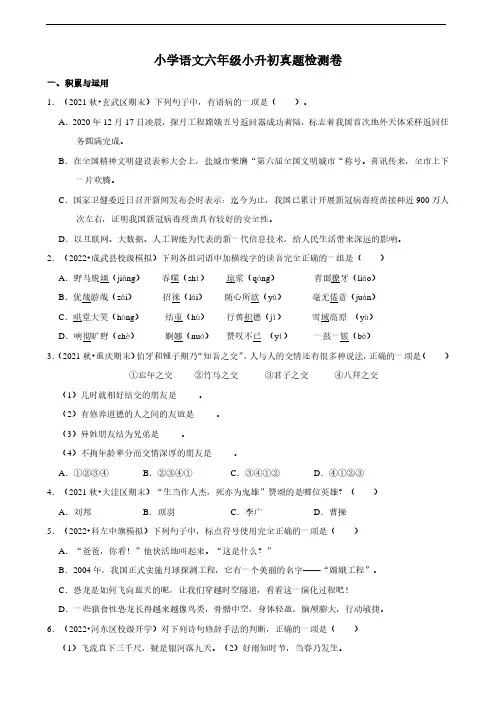 小学语文六年级小升初真题检测卷(含答案)