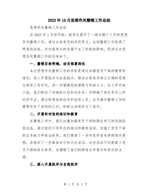 2023年10月思想作风整顿工作总结