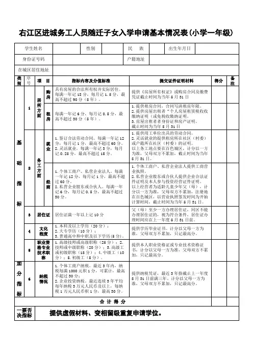 右江区进城务工人员随迁子女入学申请基本情况表(小学一年